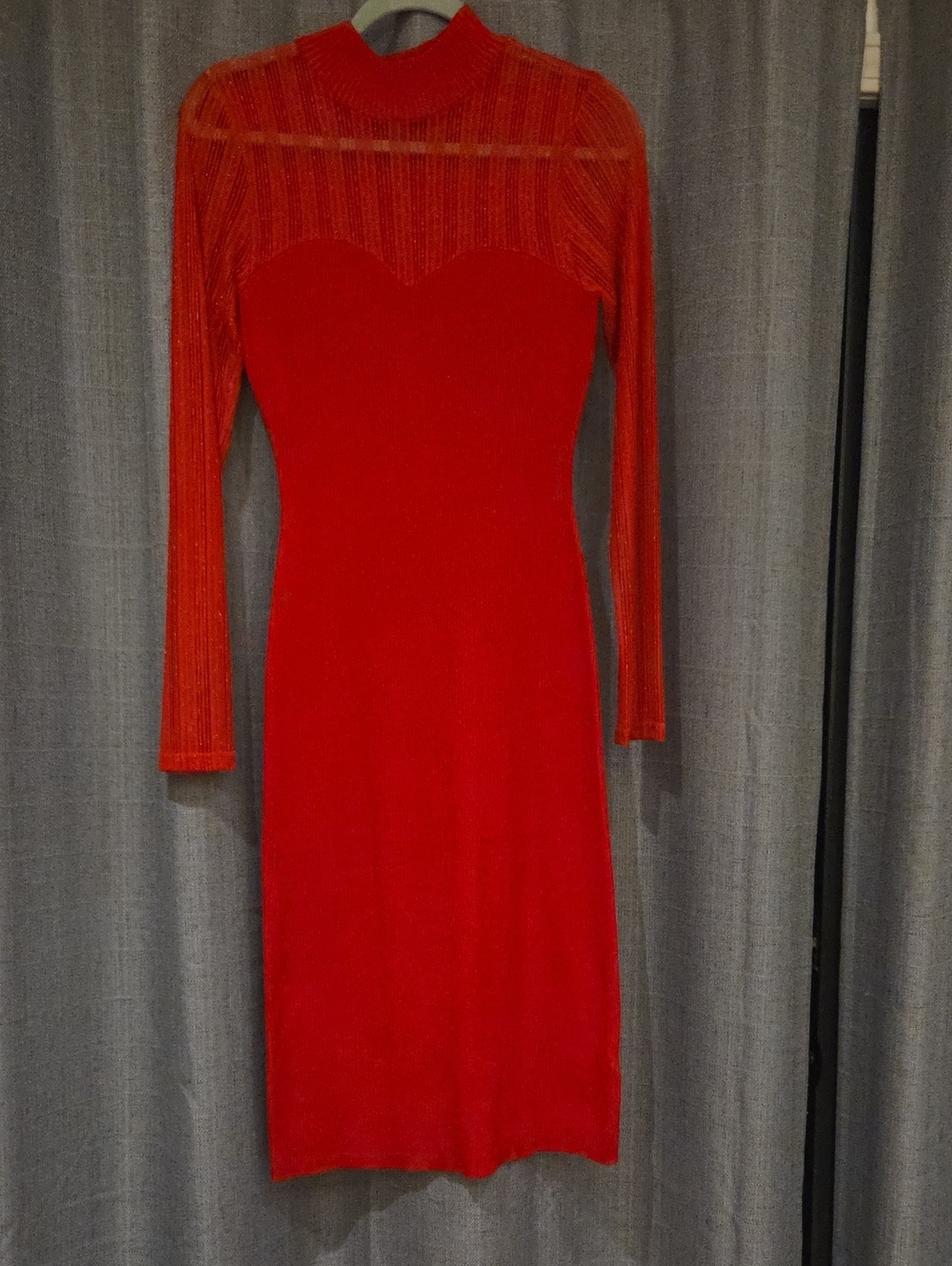 Almost Famous Red Long-Sleeve Sheer Yoke Midi Dress